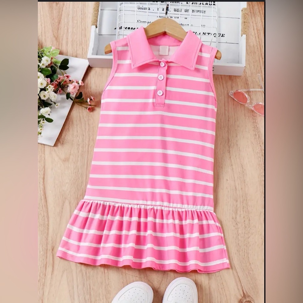 Pink and White 👧🏻🆕 Sz 6-7 Sleeveless Polo Collar Casual Dress